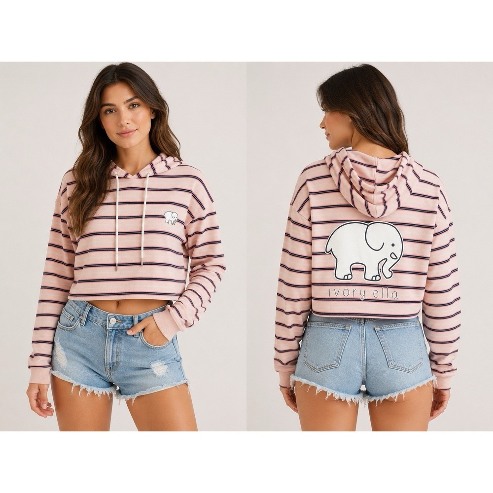 Ivory Ella Pink‎ Stripe Crop Hoodie Medium Organic Cotton Elephant Logo Top